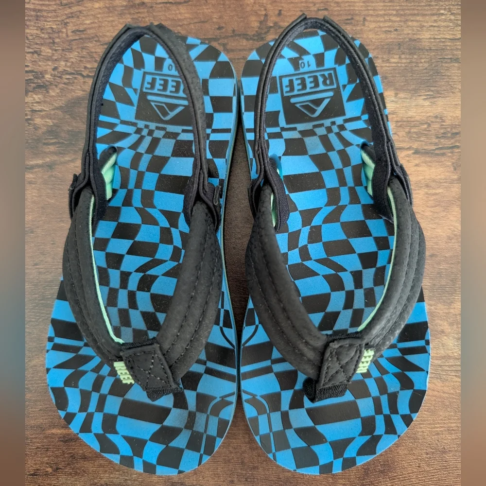 REEF Toddler Sands Black and Blue Patterned Flip Flops with Heel Strap Size 10